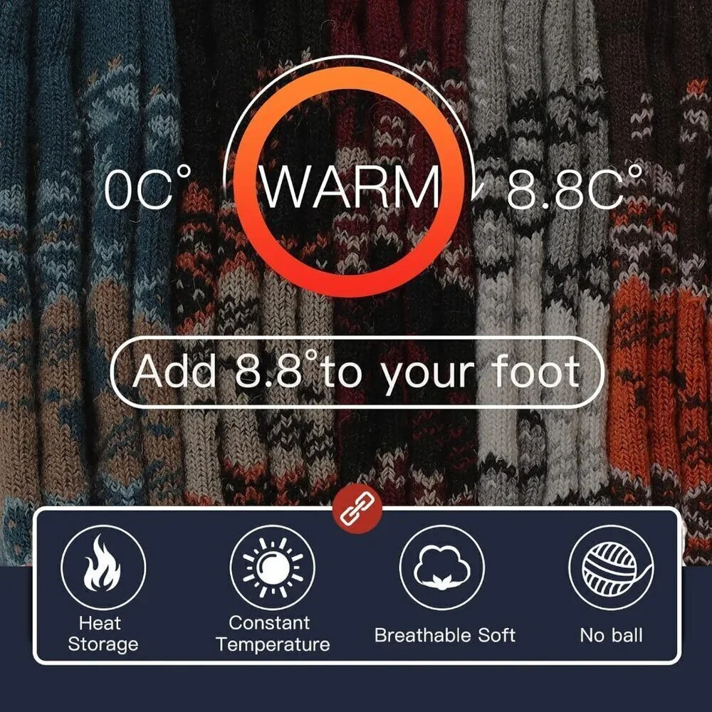 Mens Warm Wool Socks Thermal Winter Thick Crew Pattern Socks Cold Weather 5 Pair
